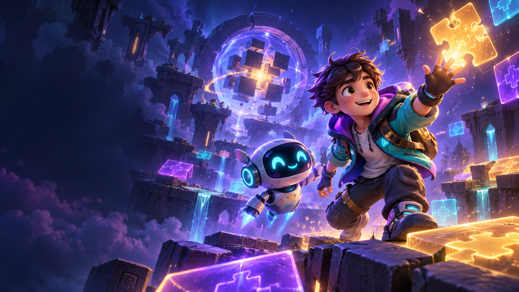 A puzzle adventurer and friendly robot in a glowing puzzle world